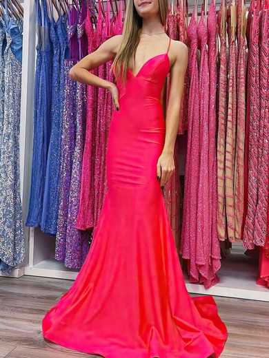 Trumpet/Mermaid V-neck Stretch Crepe Sweep Train Prom Dresses With Ruched #UKM020120942