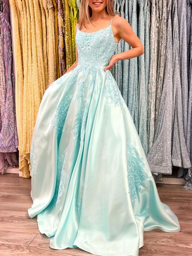 Ball Gown/Princess Scoop Neck Satin Sweep Train Prom Dresses With Appliques Lace #UKM020120943