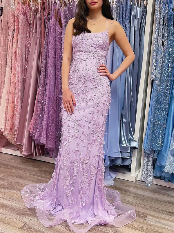Trumpet/Mermaid Square Neckline Tulle Sweep Train Prom Dresses With Appliques Lace #UKM020120946