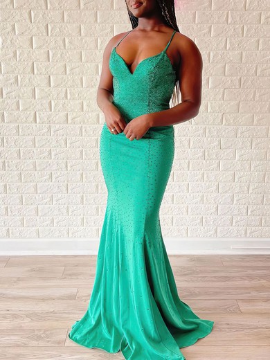 Trumpet/Mermaid V-neck Jersey Sweep Train Prom Dresses With Ruched #UKM020120947