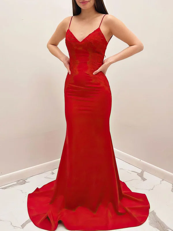 Trumpet/Mermaid V-neck Stretch Crepe Sweep Train Prom Dresses With Appliques Lace #UKM020120953