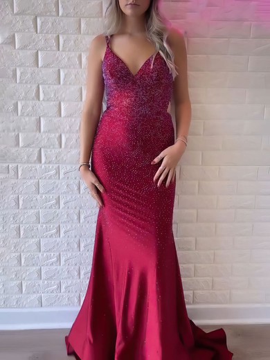Trumpet/Mermaid V-neck Jersey Sweep Train Prom Dresses With Crystal Detailing #UKM020120957