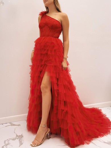 Ball Gown/Princess One Shoulder Tulle Sweep Train Prom Dresses With Lace #UKM020120961
