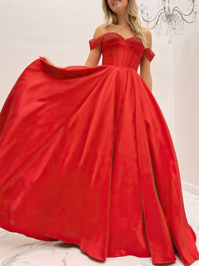 Ball Gown/Princess Off-the-shoulder Satin Sweep Train Prom Dresses With Beading #UKM020120964