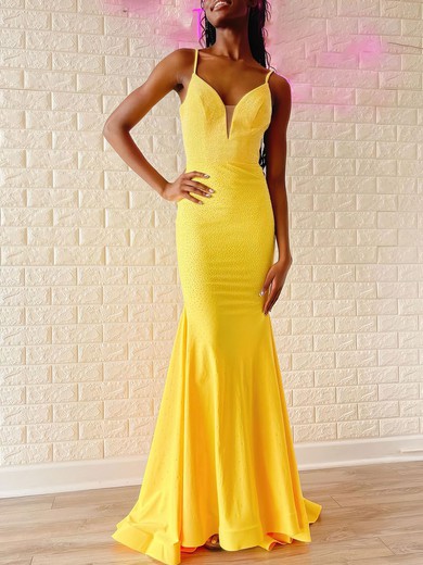 Trumpet/Mermaid V-neck Jersey Sweep Train Prom Dresses With Crystal Detailing #UKM020120965
