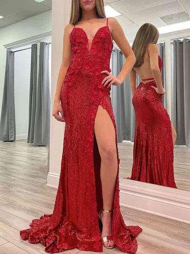 Mermaid V-neck Backless Sparkly Sequin Prom Dresses With 3D Floral #UKM020120972
