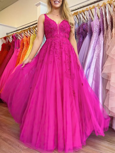 Ball Gown/Princess V-neck Tulle Floor-length Prom Dresses With Beading #UKM020120981