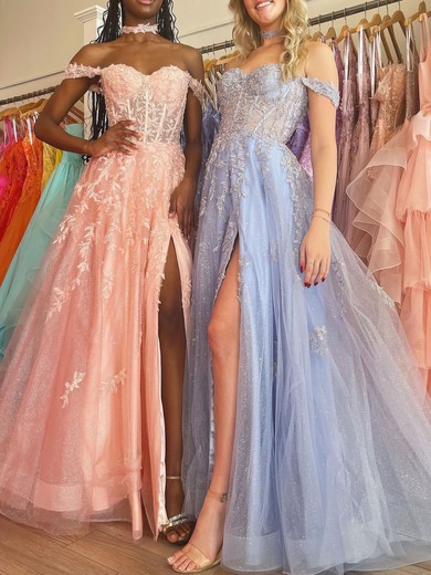 Ball Gown/Princess Off-the-shoulder Glitter Floor-length Prom Dresses With Appliques Lace #UKM020120983