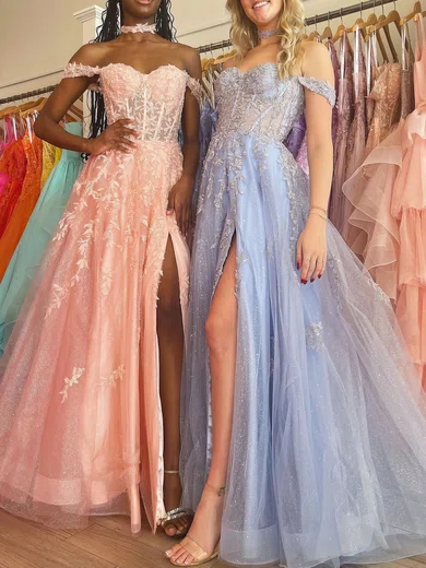 Ball Gown Off-the-shoulder Tulle Prom Dresses With Appliques #UKM020120983