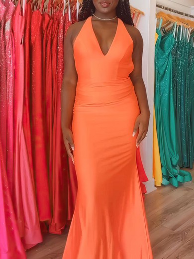 Trumpet/Mermaid V-neck Jersey Floor-length Prom Dresses With Ruched #UKM020120989