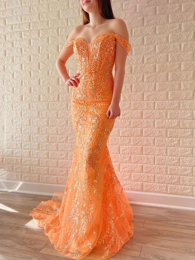 Trumpet/Mermaid Off-the-shoulder Tulle Sweep Train Prom Dresses With Appliques Lace #UKM020120994