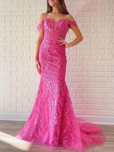 Trumpet/Mermaid Off-the-shoulder Tulle Glitter Sweep Train Prom Dresses With Appliques Lace #UKM020120998