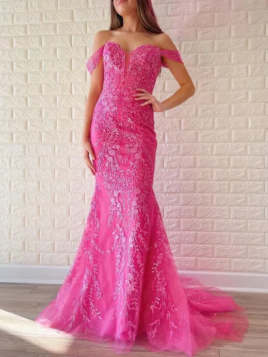 Mermaid Off-the-shoulder Tulle Prom Dresses With Appliques #UKM020120998