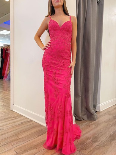 Trumpet/Mermaid V-neck Tulle Sweep Train Prom Dresses With Pearl Detailing #UKM020120999