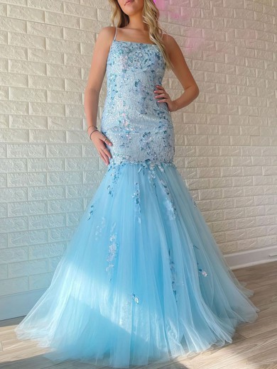Trumpet/Mermaid Square Neckline Tulle Sweep Train Prom Dresses With Appliques Lace #UKM020121010