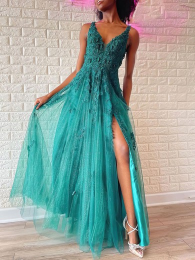 Ball Gown/Princess V-neck Tulle Glitter Floor-length Prom Dresses With Appliques Lace #UKM020121017