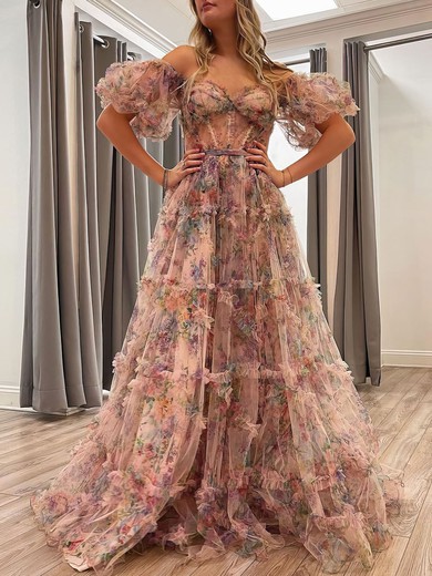 Ball Gown/Princess Off-the-shoulder Tulle Sweep Train Prom Dresses With Sashes / Ribbons #UKM020121018