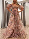Ball Gown/Princess Off-the-shoulder Tulle Sweep Train Prom Dresses With Sashes / Ribbons #UKM020121018