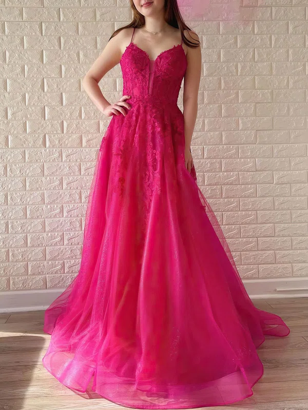 Ball Gown/Princess V-neck Glitter Sweep Train Prom Dresses With Appliques Lace #UKM020121022