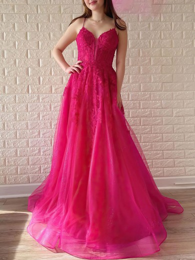Ball Gown/Princess V-neck Glitter Sweep Train Prom Dresses With Appliques Lace #UKM020121022