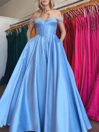 Ball Gown/Princess Off-the-shoulder Satin Sweep Train Prom Dresses With Beading #UKM020121024
