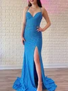 Trumpet/Mermaid V-neck Jersey Sweep Train Prom Dresses With Split Front #UKM020121031