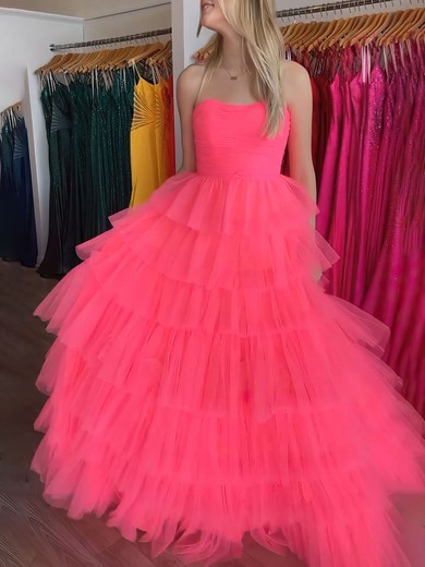 Ball Gown/Princess Straight Tulle Sweep Train Prom Dresses With Tiered #UKM020121038