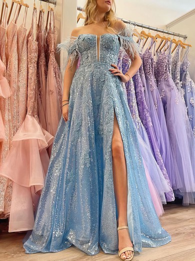 Ball Gown/Princess Off-the-shoulder Sequined Sweep Train Prom Dresses With Appliques Lace #UKM020121043