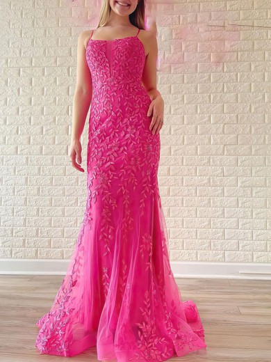 Trumpet/Mermaid Square Neckline Tulle Sweep Train Prom Dresses With Appliques Lace #UKM020121049