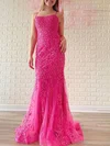 Trumpet/Mermaid Square Neckline Tulle Sweep Train Prom Dresses With Appliques Lace #UKM020121049