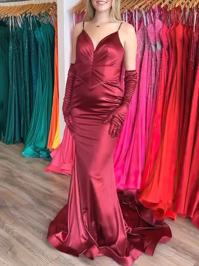 Mermaid V-neck Backless Satin Prom Dresses With Ruched #UKM020121050