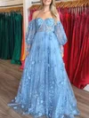 Ball Gown/Princess Off-the-shoulder Tulle Sweep Train Prom Dresses With Appliques Lace #UKM020121051