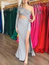 Sheath/Column One Shoulder Jersey Sweep Train Prom Dresses With Ruched #UKM020121053