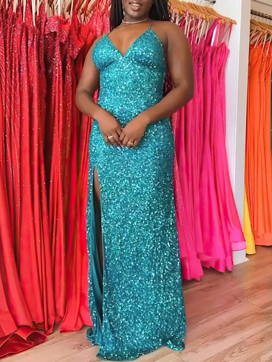 Sheath/Column V-neck Sequined Floor-length Prom Dresses With Split Front #UKM020121055