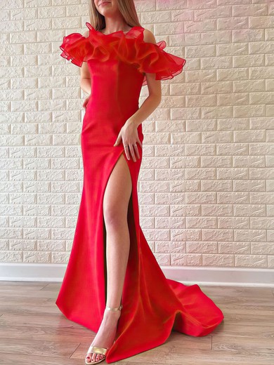 Trumpet/Mermaid Off-the-shoulder Stretch Crepe Sweep Train Prom Dresses With Ruffles #UKM020121056