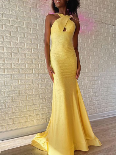 Trumpet/Mermaid Halter Jersey Sweep Train Prom Dresses With Crystal Detailing #UKM020121057