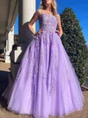 Ball Gown/Princess Square Neckline Tulle Sweep Train Prom Dresses With Appliques Lace #UKM020121058
