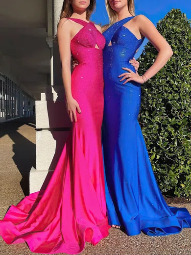 Trumpet/Mermaid Halter Jersey Sweep Train Prom Dresses With Crystal Detailing #UKM020121067