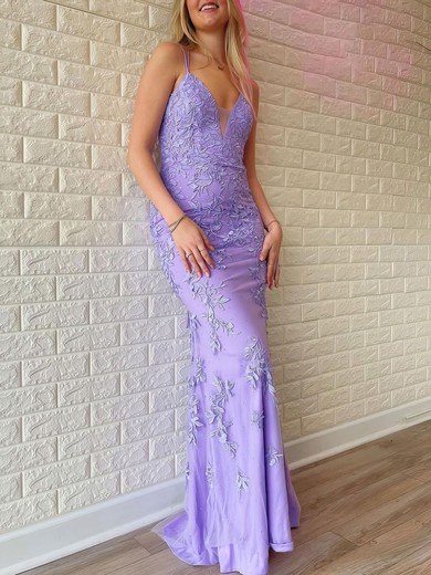 Trumpet/Mermaid V-neck Tulle Floor-length Prom Dresses With Appliques Lace #UKM020121073