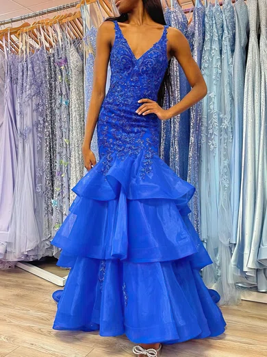 Mermaid V-neck Tulle Tiered Prom Dresses With Appliques #UKM020121076