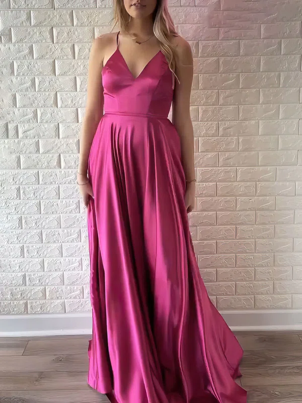 A-line V-neck Silk-like Satin Floor-length Prom Dresses With Split Front #UKM020121080