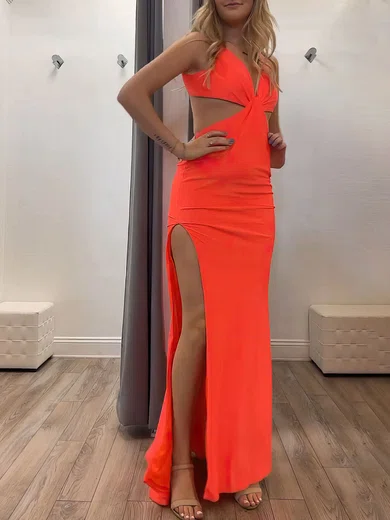 Sheath/Column V-neck Jersey Floor-length Prom Dresses With Split Side #UKM020121085