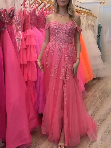 Ball Gown/Princess Off-the-shoulder Tulle Floor-length Prom Dresses With Appliques Lace #UKM020121092