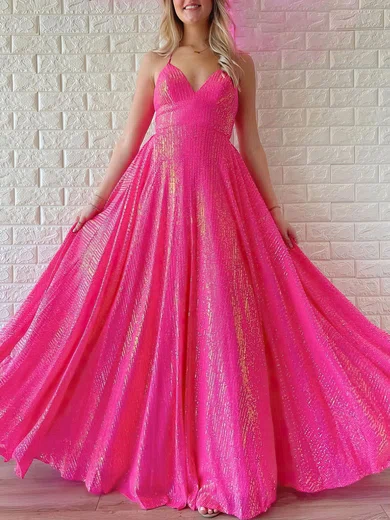 A-line V-neck Floor-length Sparkly Sequin Prom Dresses #UKM020121095