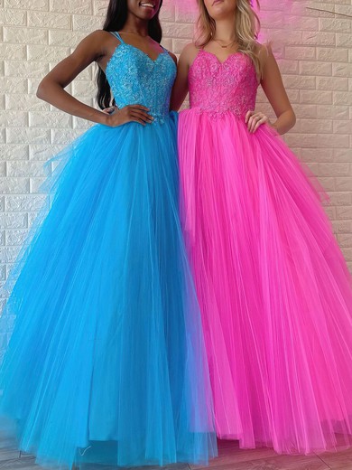 Ball Gown/Princess V-neck Tulle Floor-length Prom Dresses With Appliques Lace #UKM020121102