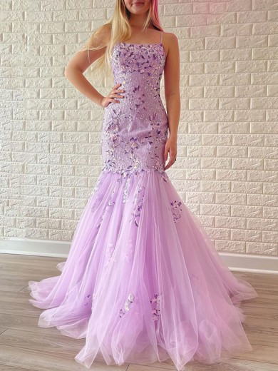 Trumpet/Mermaid Square Neckline Tulle Sweep Train Prom Dresses With Appliques Lace #UKM020121106