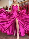 A-line V-neck Silk-like Satin Sweep Train Prom Dresses With Split Front #UKM020121117