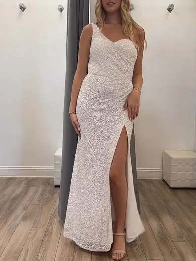 Sheath/Column One Shoulder Sequined Floor-length Prom Dresses With Split Front #UKM020121127