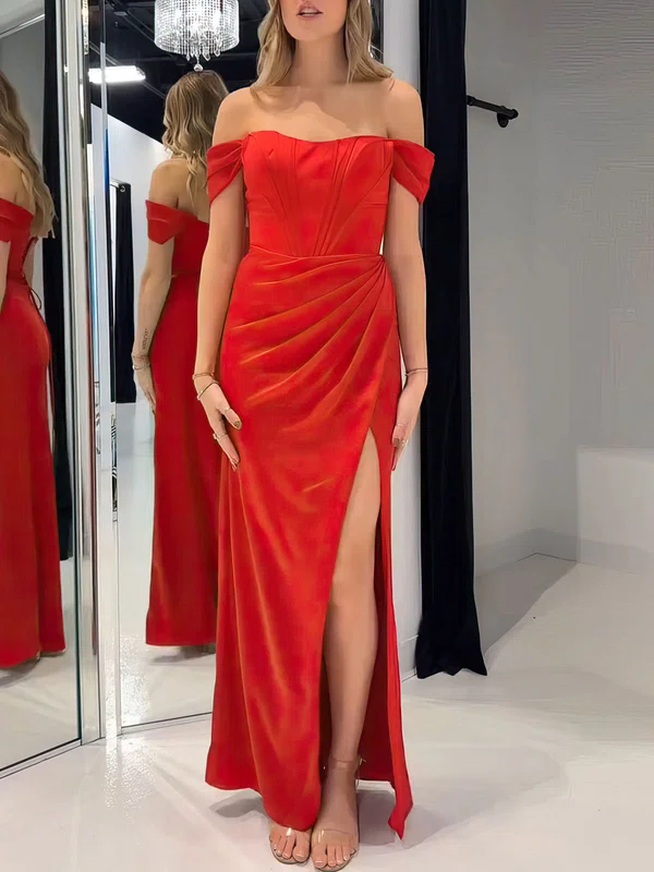 Sheath/Column Off-the-shoulder Stretch Crepe Floor-length Prom Dresses With Ruffles #UKM020121138