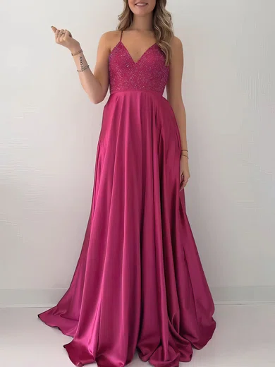 A-line V-neck Silk-like Satin Sweep Train Prom Dresses With Beading #UKM020121142